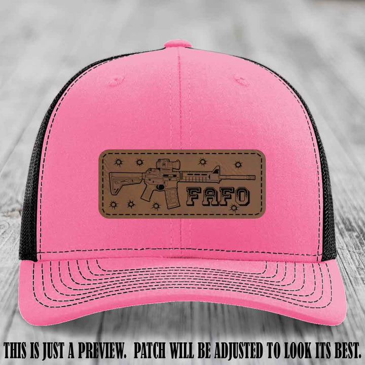 Dark Brown to Black FAFO Leather Patch Hat on Hot Pink to Black Hat