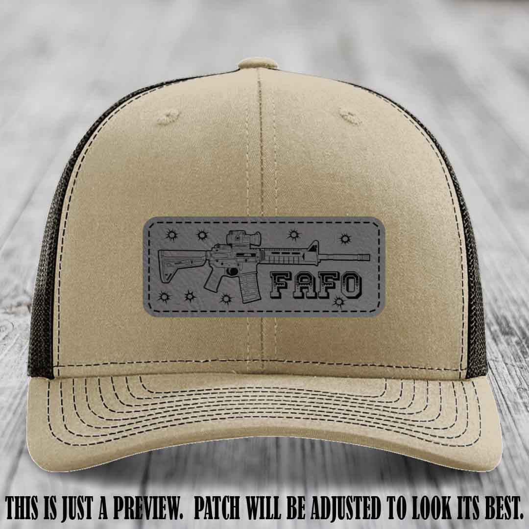 Grey to Black FAFO Leather Patch Hat on Khaki to Coffee Hat