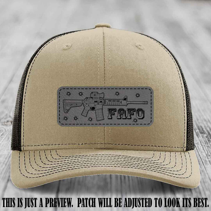 Grey to Black FAFO Leather Patch Hat on Khaki to Coffee Hat