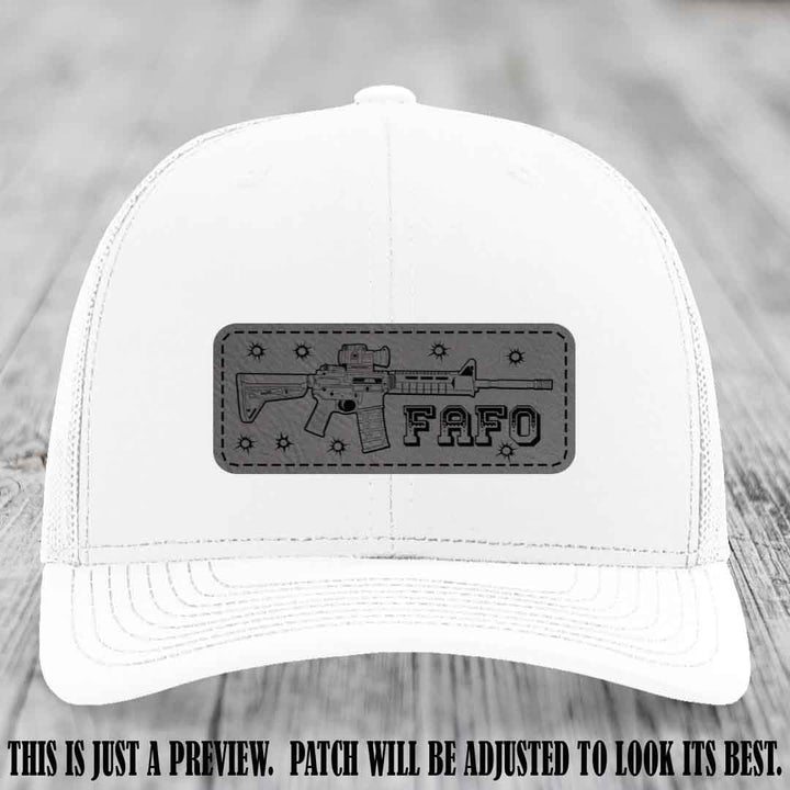 Grey to Black FAFO Leather Patch Hat on White Hat