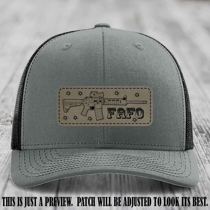 Light Brown to Black FAFO Leather Patch Hat on Heather Grey to Black Hat