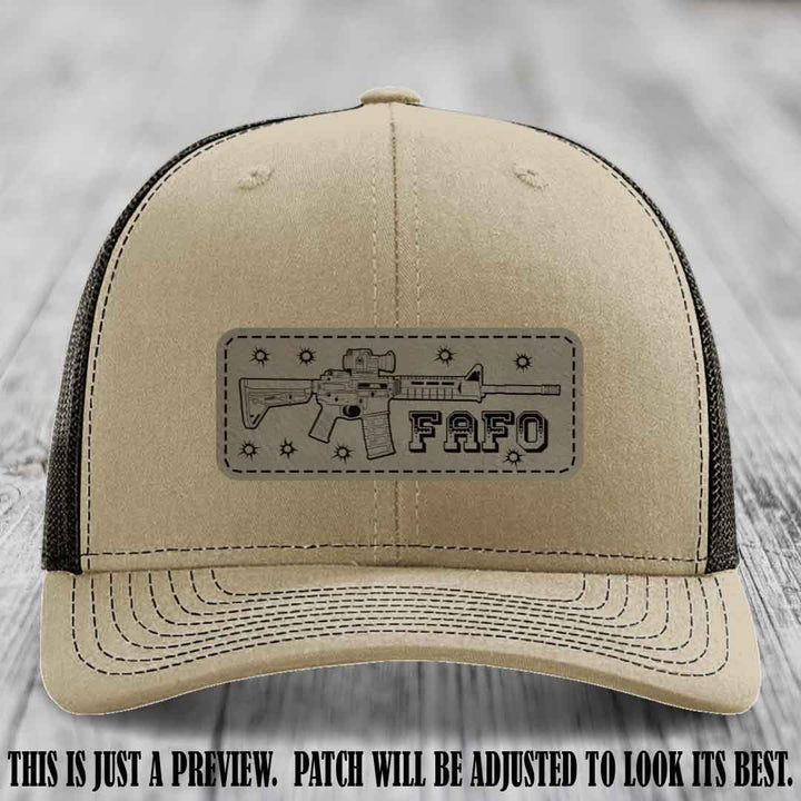 Light Brown to Black FAFO Leather Patch Hat on Khaki to Coffee Hat