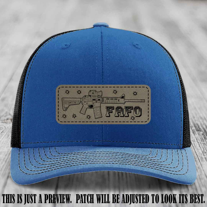 Light Brown to Black FAFO Leather Patch Hat on Royal to Black Hat