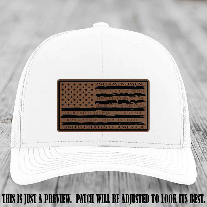 2nd Amendment Freedom Flag Dark Brown to Black Patch Leather patch on Richardson 112 trucker hats - White Hat