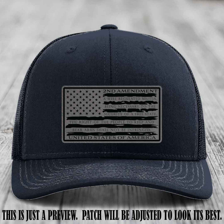 2nd Amendment Freedom Flag Grey to Black Patch Leather patch on Richardson 112 trucker hats - Navy Hat