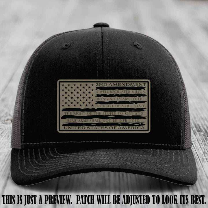 2nd Amendment Freedom Flag Light Brown to Black Patch Leather patch on Richardson 112 trucker hats - Black to Charcoal Hat