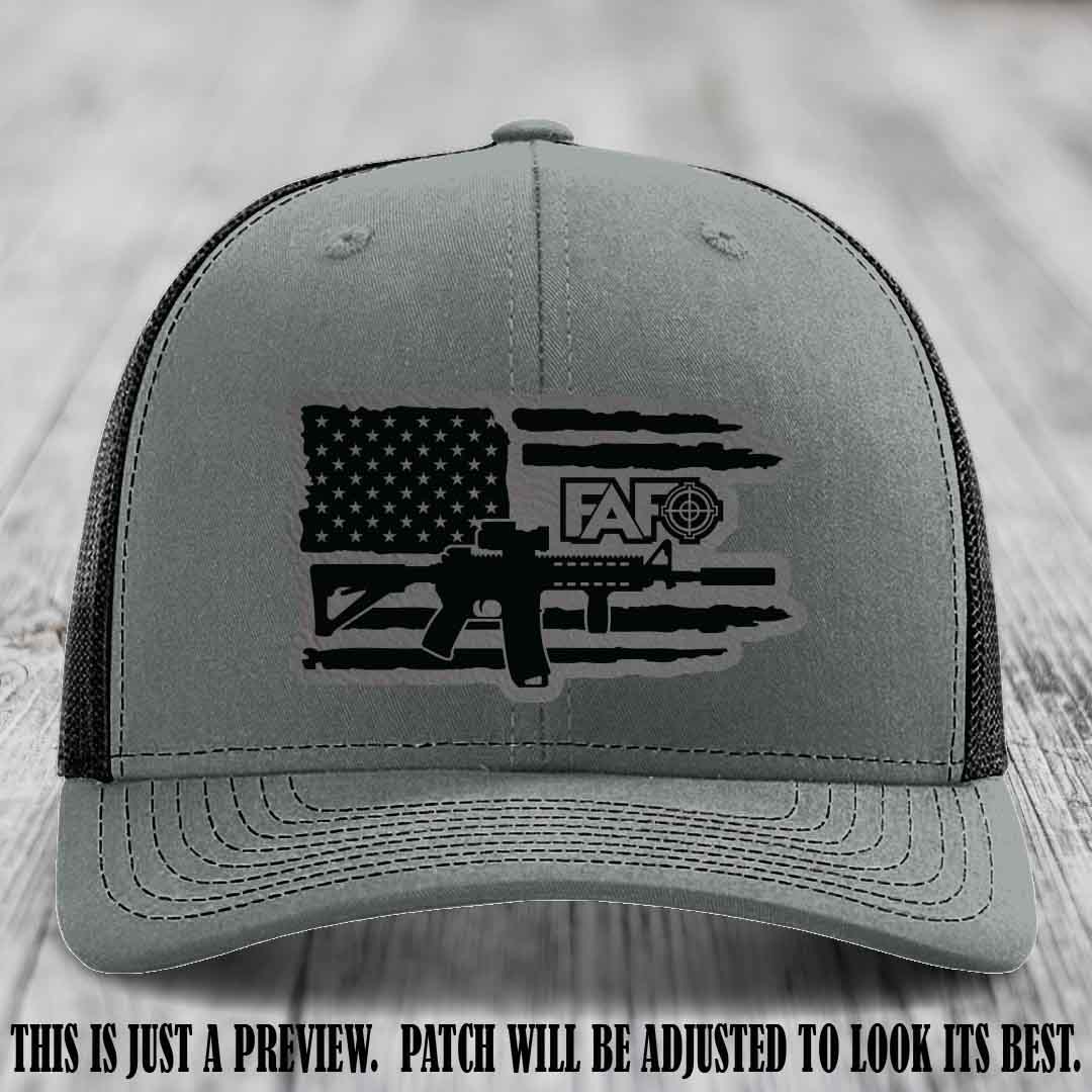 FAFO Grey to Black Patch Leather Patch on Heather Grey to Black Hat Richardson 112 Hat
