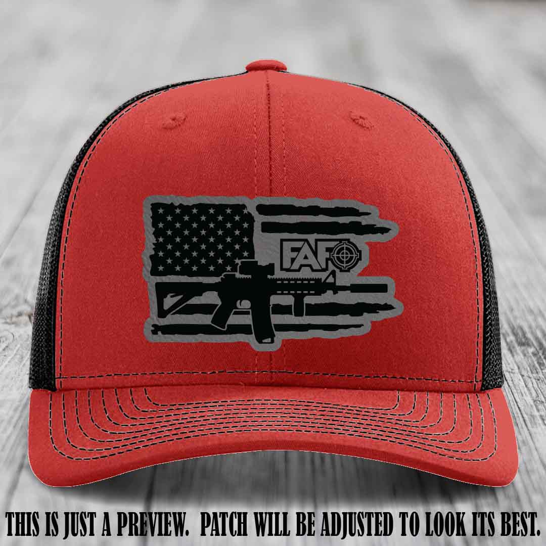 FAFO Grey to Black Patch Leather Patch on Red to Black Hat Richardson 112 Hat