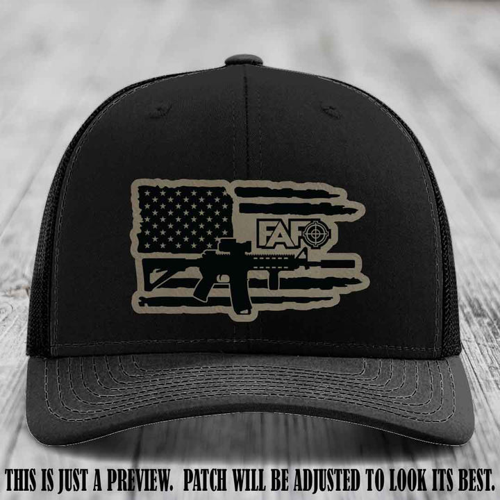 FAFO Light Brown to Black Patch Leather Patch on Black Hat Richardson 112 Hat