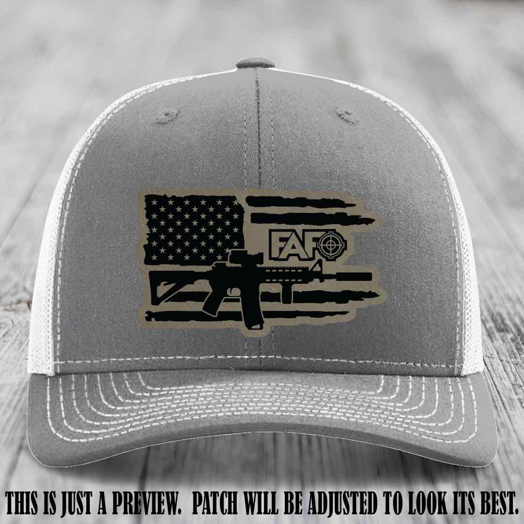 FAFO Light Brown to Black Patch Leather Patch on Heather Grey to White Hat Richardson 112 Hat