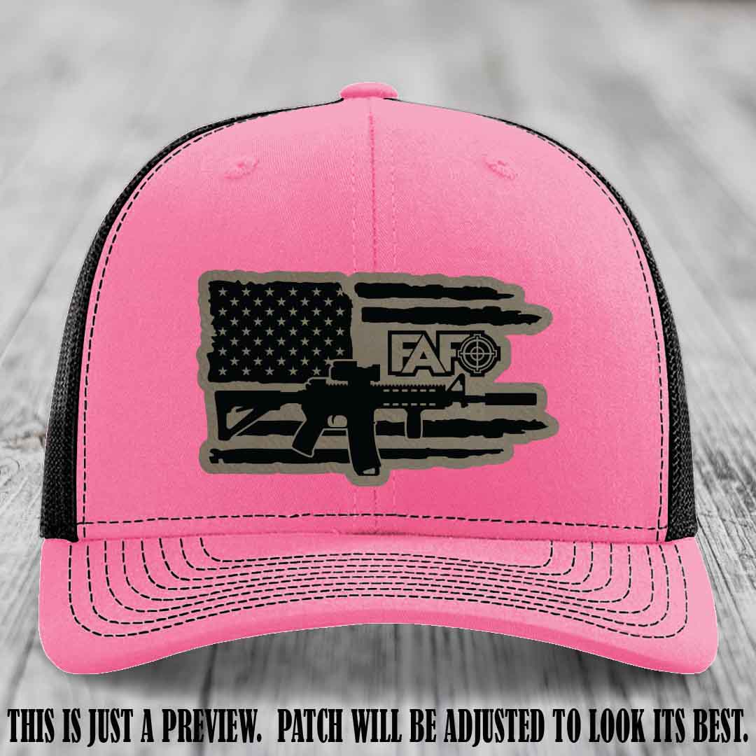 FAFO Light Brown to Black Patch Leather Patch on Hot Pink to Black Hat Richardson 112 Hat