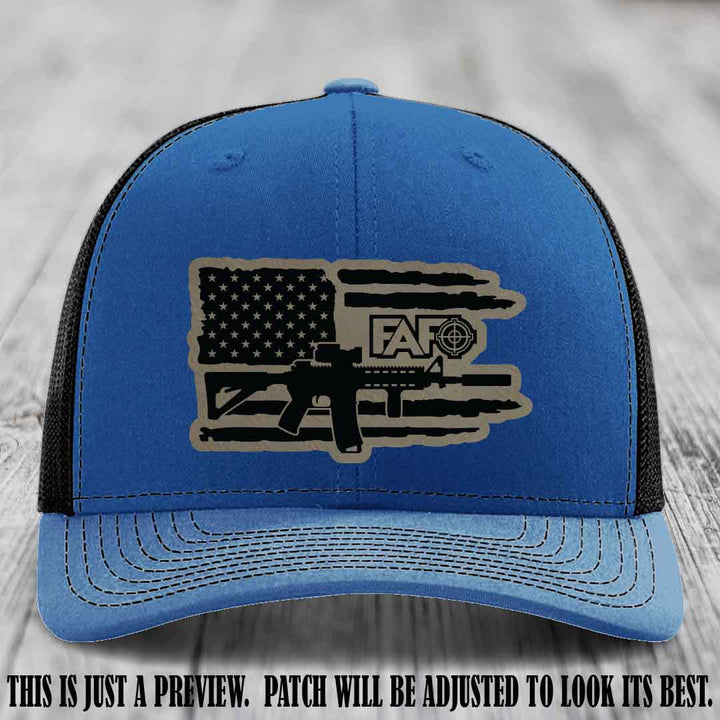 FAFO Light Brown to Black Patch Leather Patch on Royal to Black Hat Richardson 112 Hat