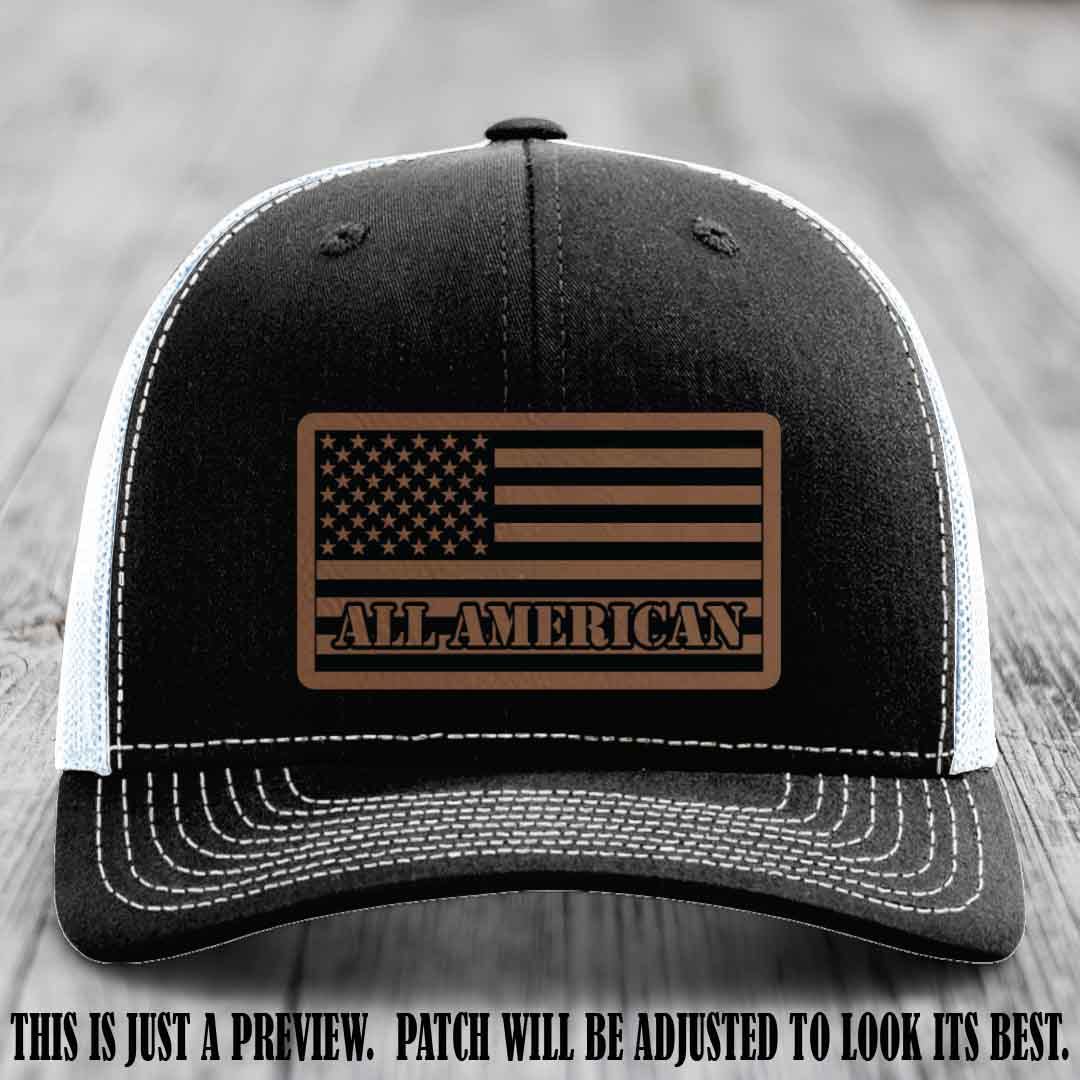 Richardson 112 ALL AMERICAN Leather Patch Hat - Dark Brown to Black patch on Black to White Hat