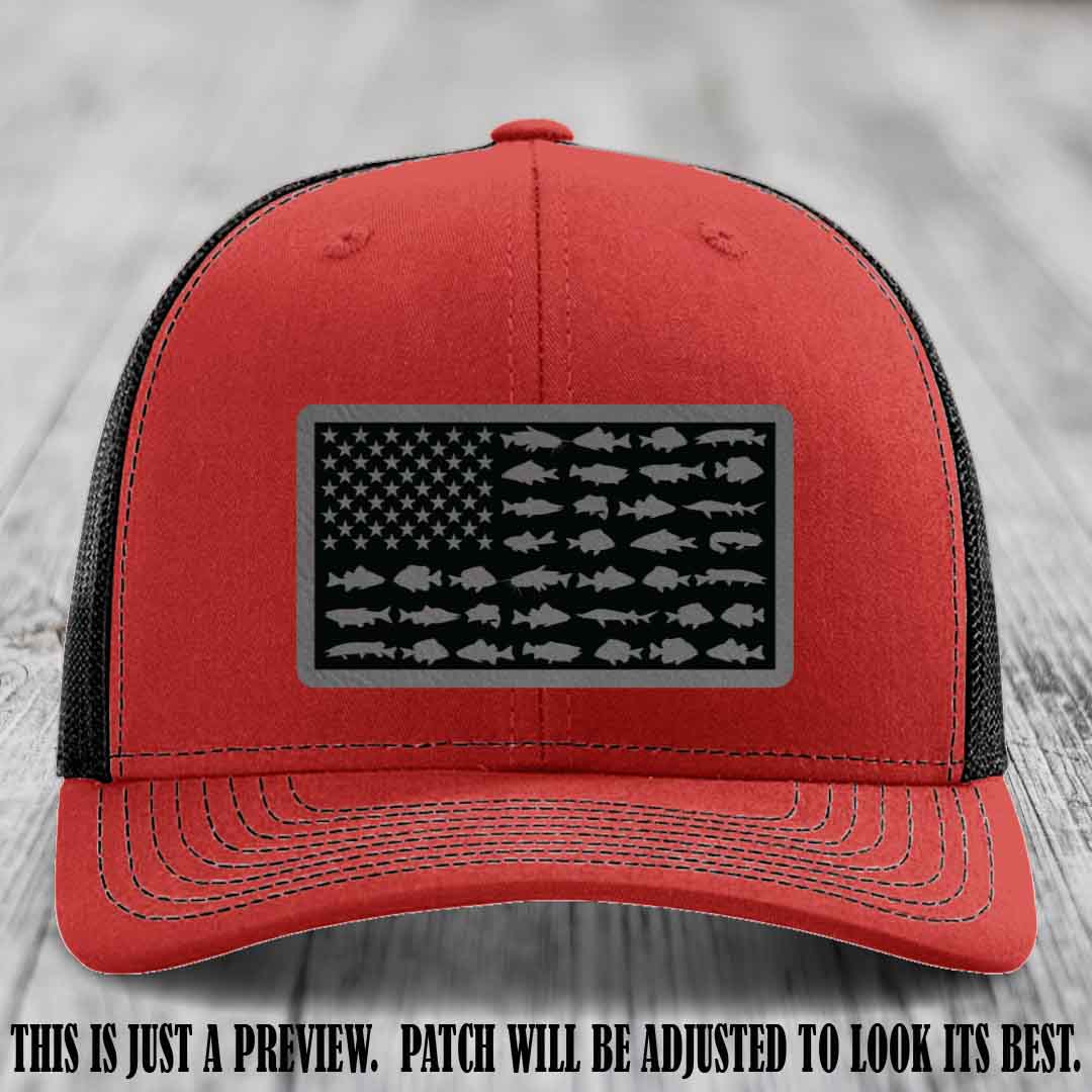 Stars & Stripes Angler πΊπΈπ Grey to Black Patch Leather Patch Richardson 112 Hat on Red to Black Hat