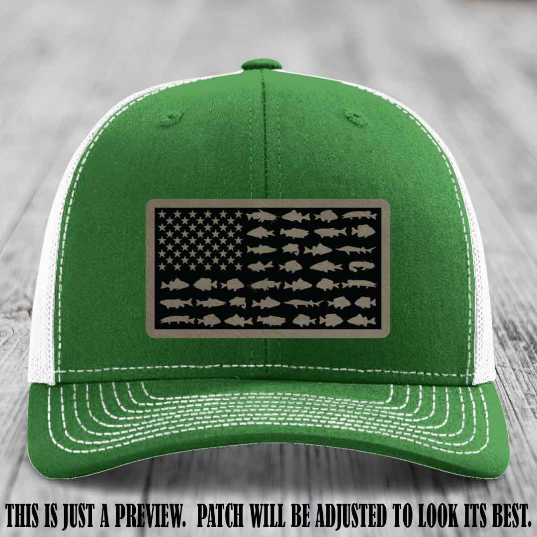 Stars & Stripes Angler πΊπΈπ Light Brown to Black Patch Leather Patch Richardson 112 Hat on Kelly to White Hat