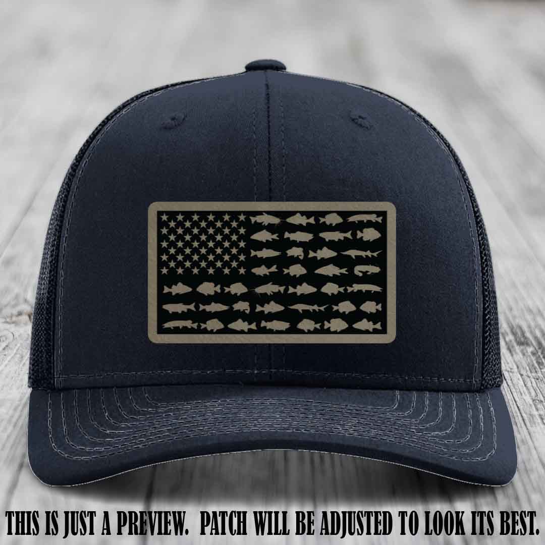 Stars & Stripes Angler πΊπΈπ Light Brown to Black Patch Leather Patch Richardson 112 Hat on Navy Hat