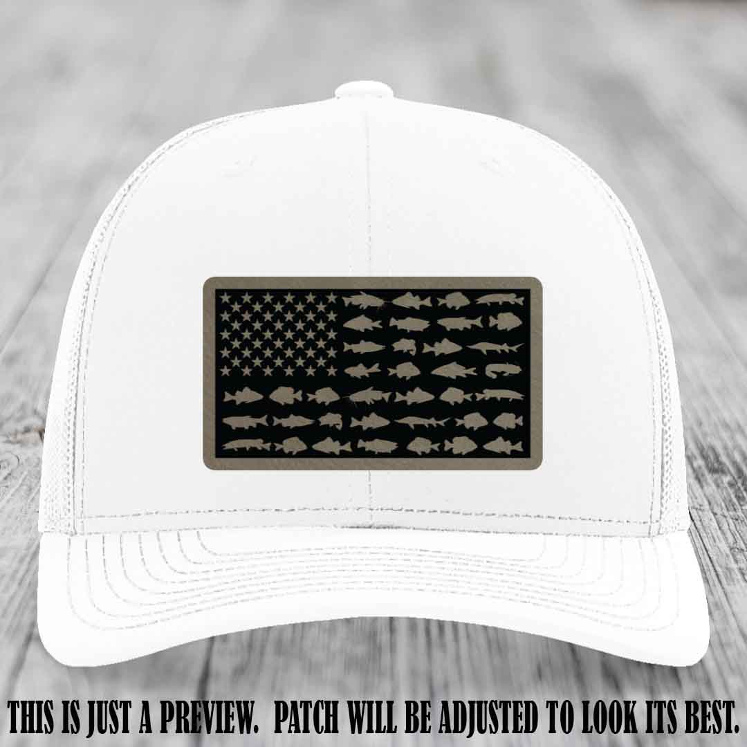 Stars & Stripes Angler πΊπΈπ Light Brown to Black Patch Leather Patch Richardson 112 Hat on White Hat