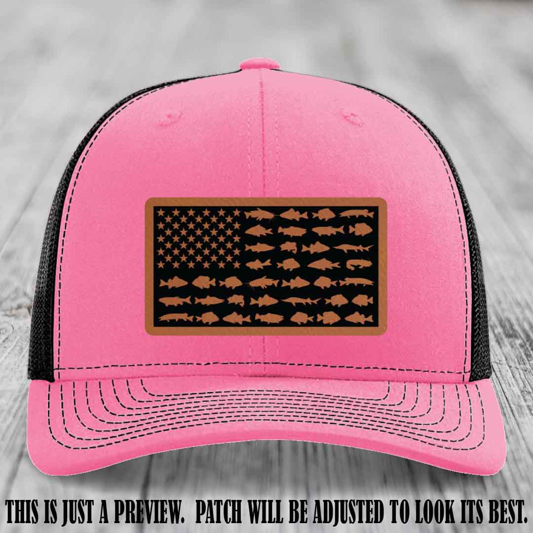 Stars & Stripes Angler πΊπΈπ Rawhide to Black Patch Leather Patch Richardson 112 Hat on Hot Pink to Black Hat