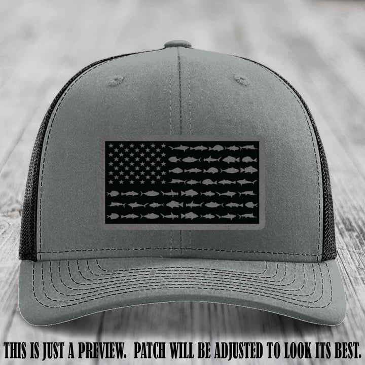 Stars & Stripes Fishing Grey to Black Patch Leather patch on Heather Grey to Black Hat Richardson 112 custom trucker hat