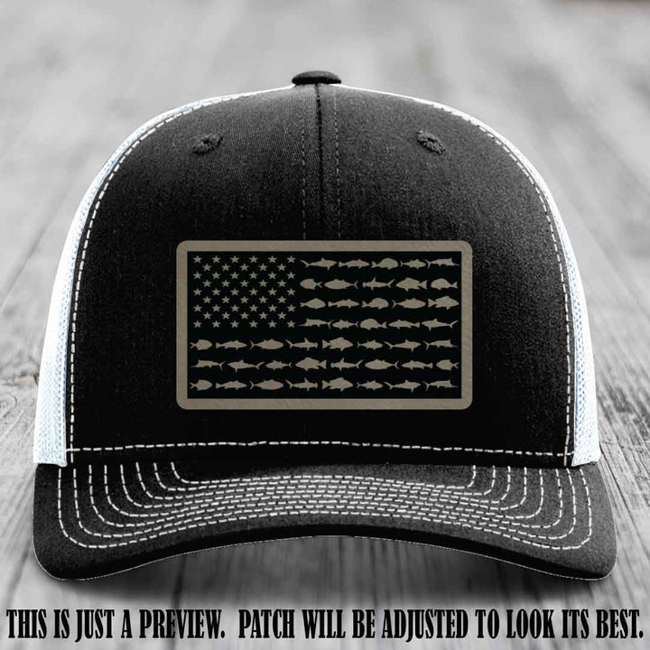 Stars & Stripes Fishing Light Brown to Black Patch Leather patch on Black to White Hat Richardson 112 custom trucker hat
