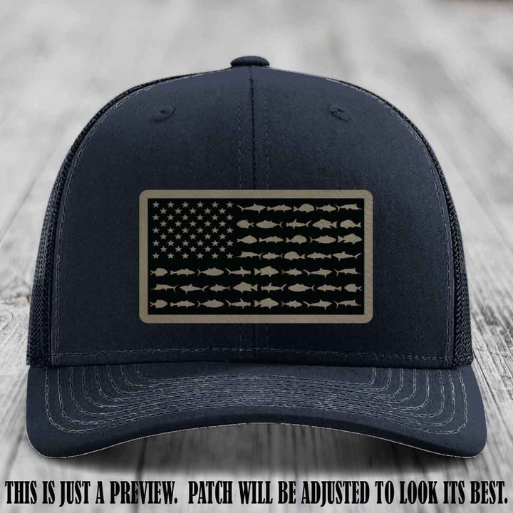 Stars & Stripes Fishing Light Brown to Black Patch Leather patch on Navy Hat Richardson 112 custom trucker hat