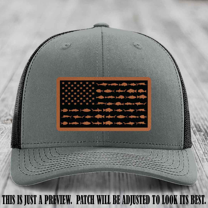 Stars & Stripes Fishing Rawhide to Black Patch Leather patch on Heather Grey to Black Hat Richardson 112 custom trucker hat