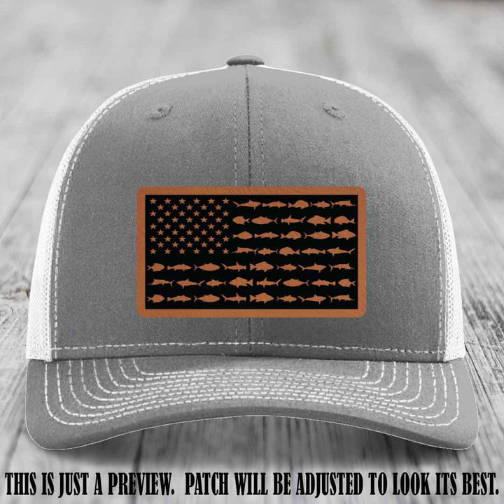 Stars & Stripes Fishing Rawhide to Black Patch Leather patch on Heather Grey to White Hat Richardson 112 custom trucker hat