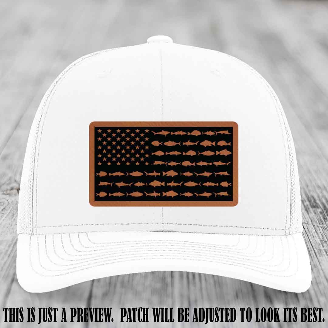 Stars & Stripes Fishing Rawhide to Black Patch Leather patch on White Hat Richardson 112 custom trucker hat