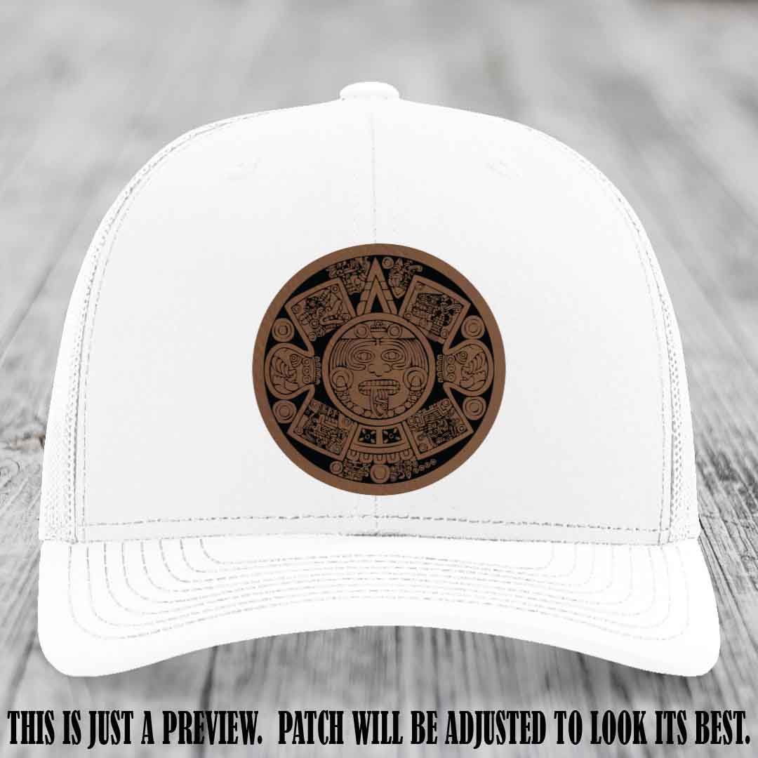 Aztec Vibes Dark Brown to Black Patch Leather patch on White Hat Richardson 112 custom trucker hat