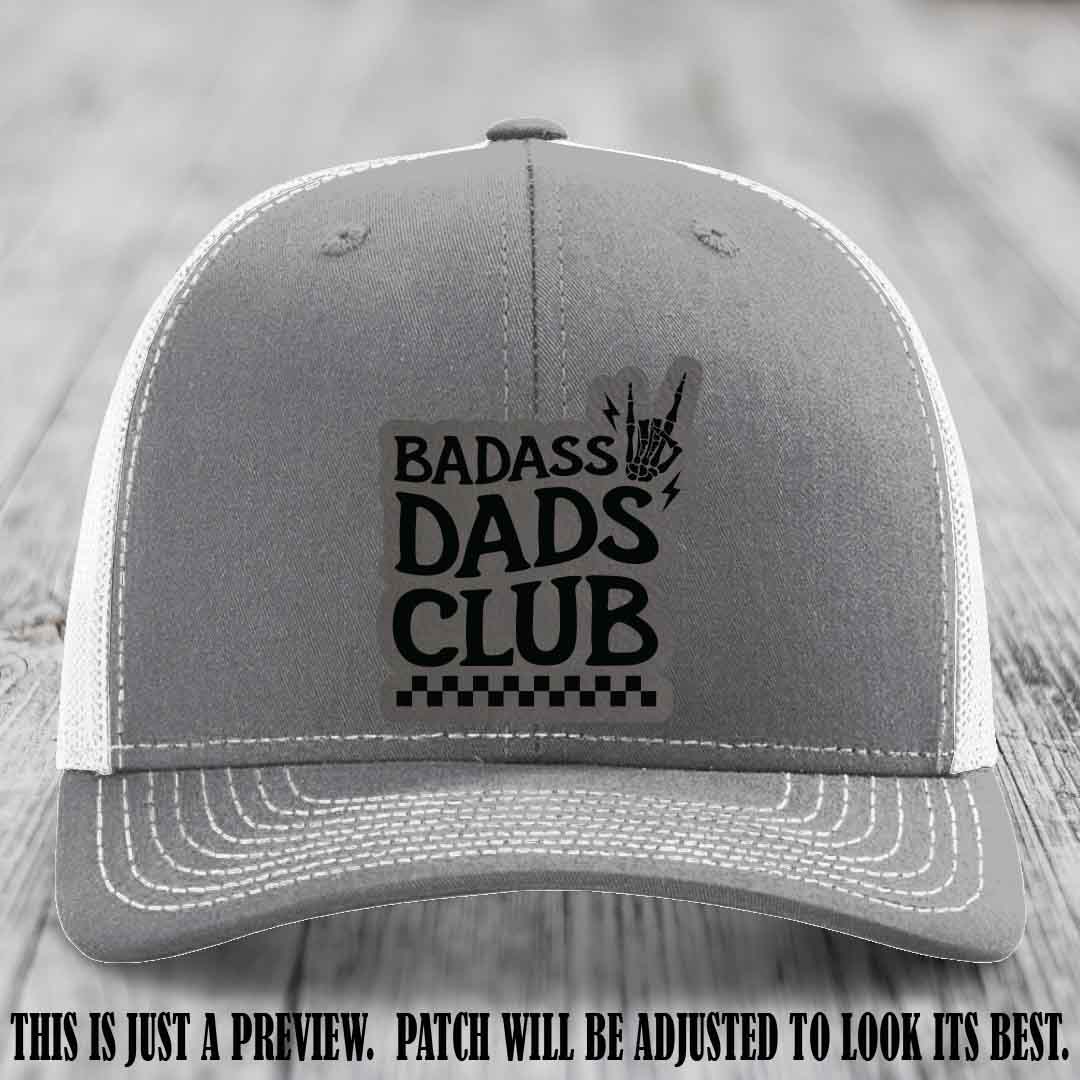 Badass Dads Club Grey to Black Patch Leather Patch on Heather Grey to White Hat Richardson 112 Hat