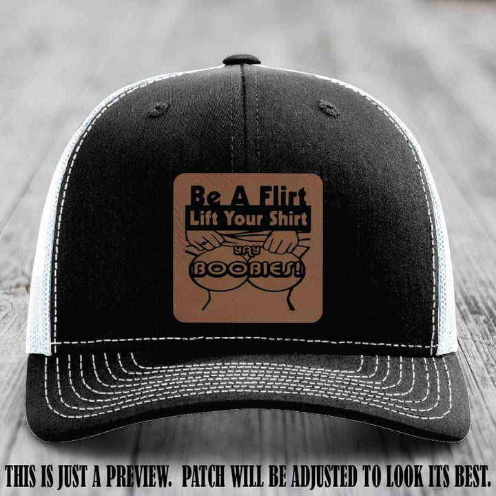 Be A Flirt Lift Your Shirt ππ Richardson 112 Leather Patch Hat Dark Brown to Black on Black to White Hat