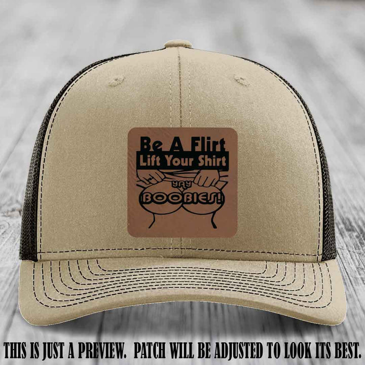 Be A Flirt Lift Your Shirt ππ Richardson 112 Leather Patch Hat Dark Brown to Black on Khaki to Coffee Hat