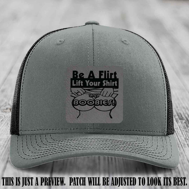 Be A Flirt Lift Your Shirt ππ Richardson 112 Leather Patch Hat Grey to Black on Heather Grey to Black Hat