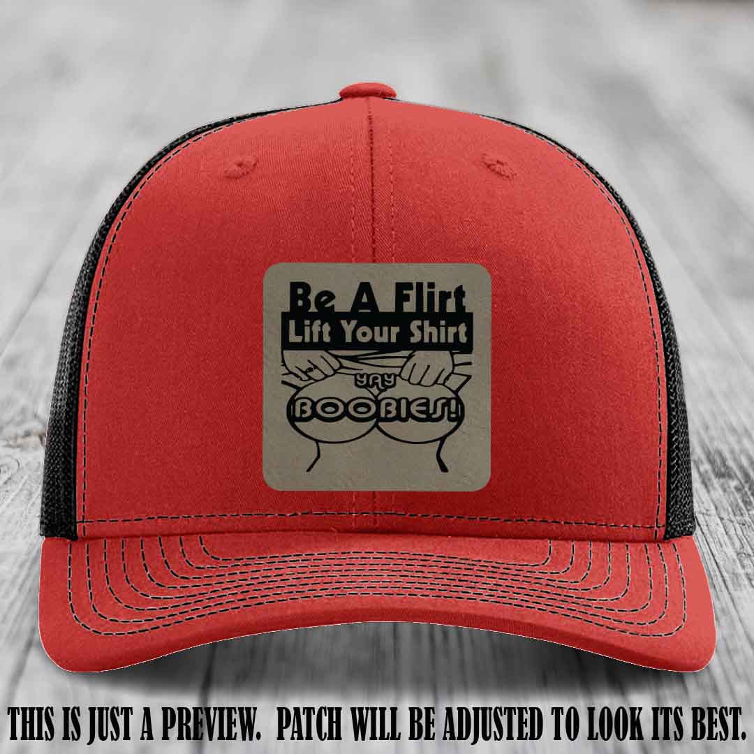 Be A Flirt Lift Your Shirt ππ Richardson 112 Leather Patch Hat Light Brown to Black on Red to Black Hat