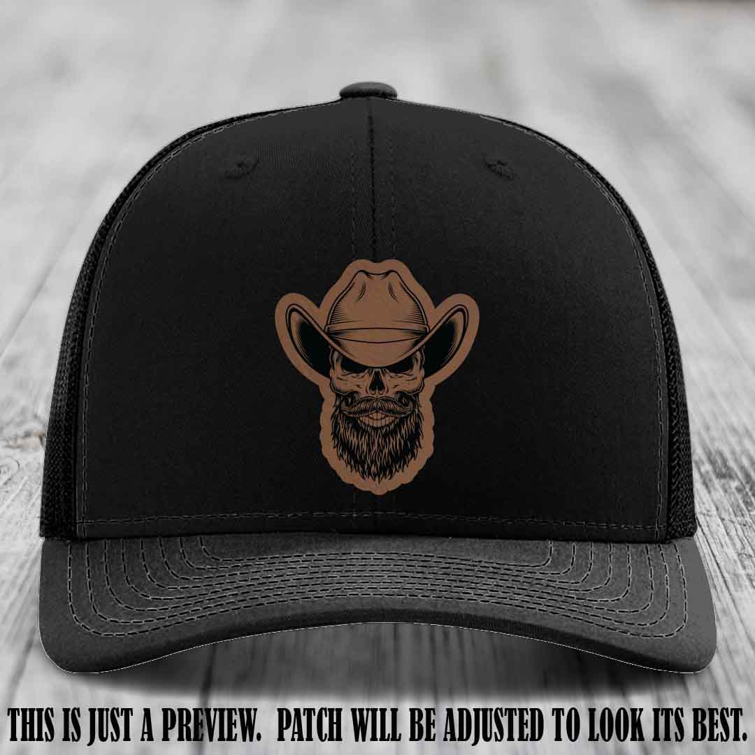 Bone Bro Cowboy 💀🤠 Dark Brown to Black Leather Patch on Black Hat - Richardson 112