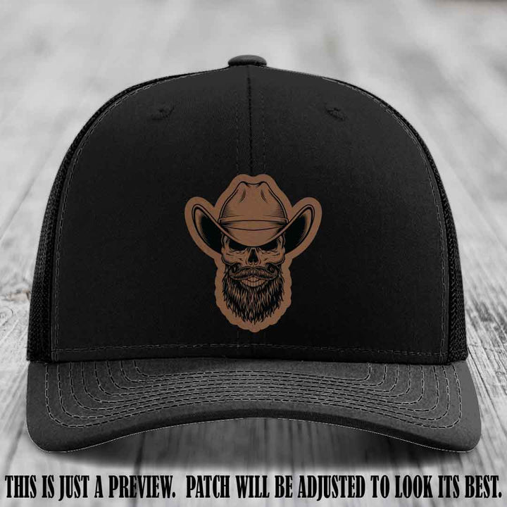 Bone Bro Cowboy ππ€  Dark Brown to Black Leather Patch on Black Hat - Richardson 112