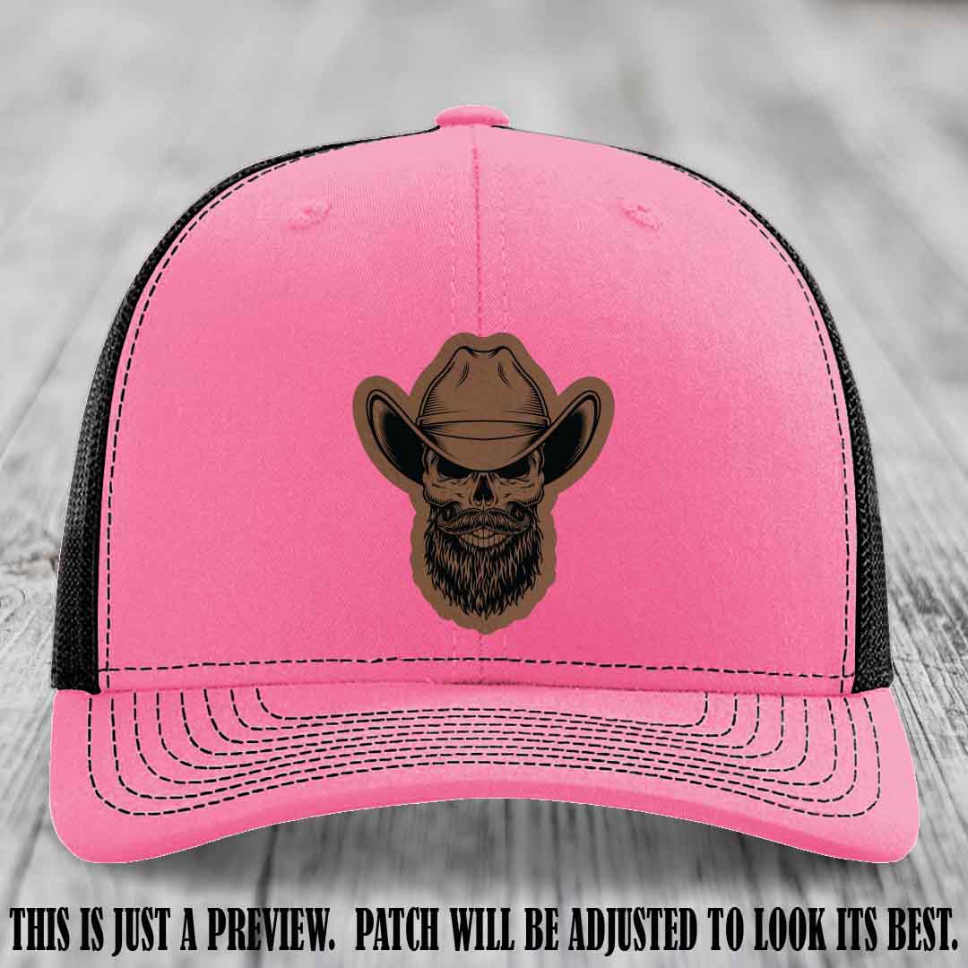 Bone Bro Cowboy ππ€  Dark Brown to Black Leather Patch on Hot Pink to Black Hat - Richardson 112