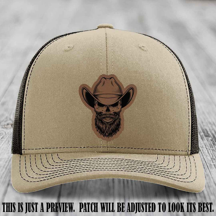 Bone Bro Cowboy ππ€  Dark Brown to Black Leather Patch on Khaki to Coffee Hat - Richardson 112