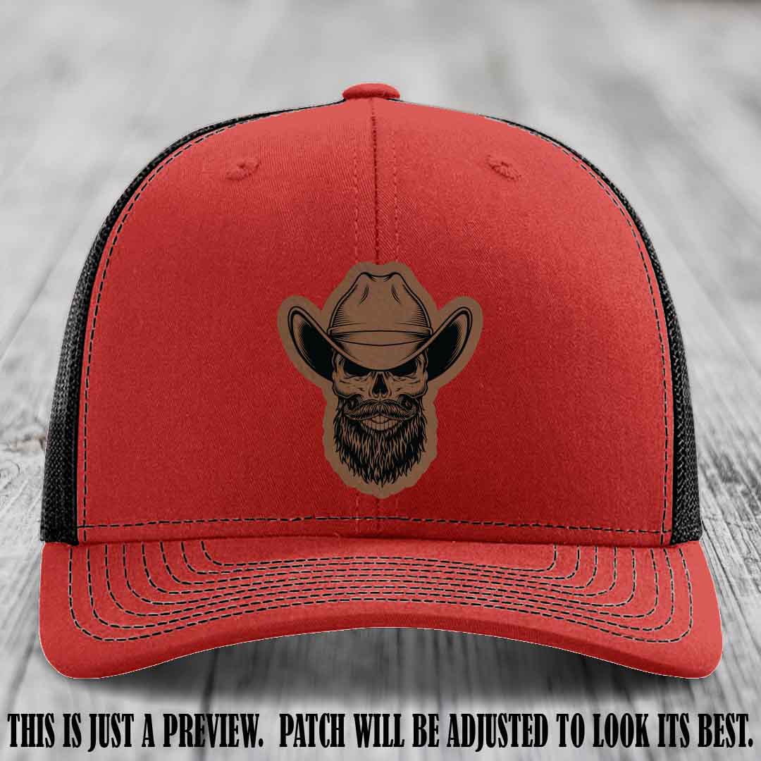 Bone Bro Cowboy ππ€  Dark Brown to Black Leather Patch on Red to Black Hat - Richardson 112