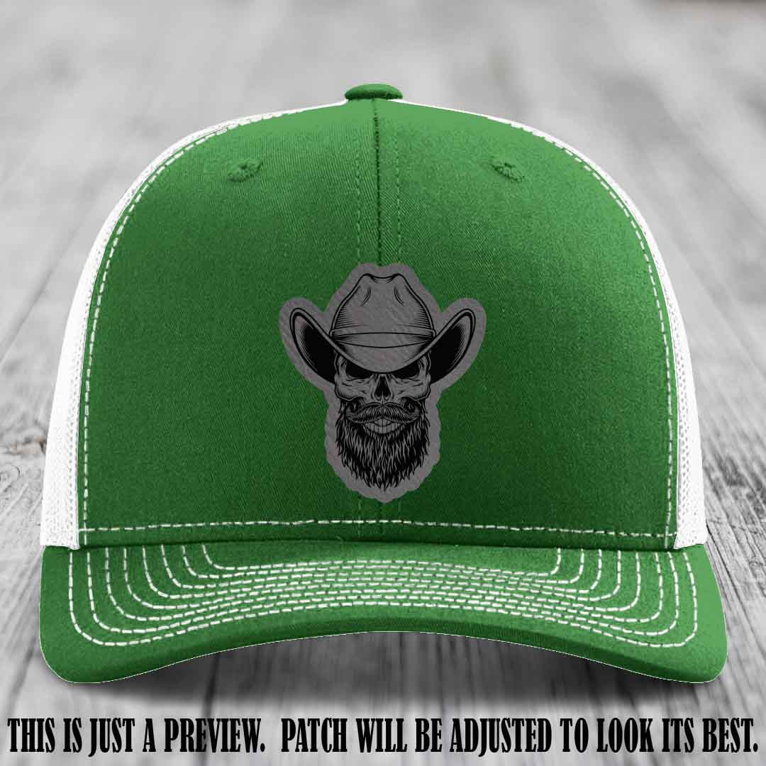 Bone Bro Cowboy 💀🤠 Grey to Black Leather Patch on Kelly to White Hat - Richardson 112