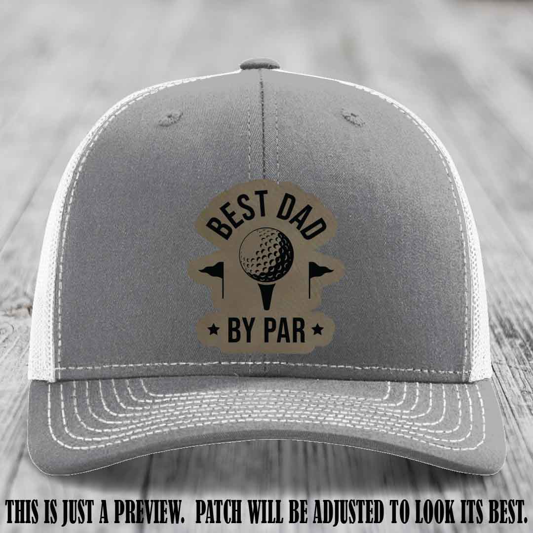 Best Dad By Par ๐๏ธโโ๏ธ Light Brown to Black Patch on Heather Grey to White Hat - Custom Richardson 112 Hat