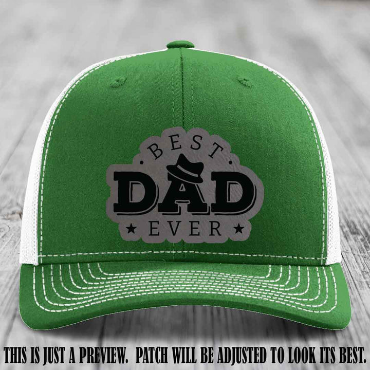 Best Dad Ever Fedora Swag π€  Leather Patch Hat β Grey to Black Patch on Kelly to White Hat Richardson 112 Hat