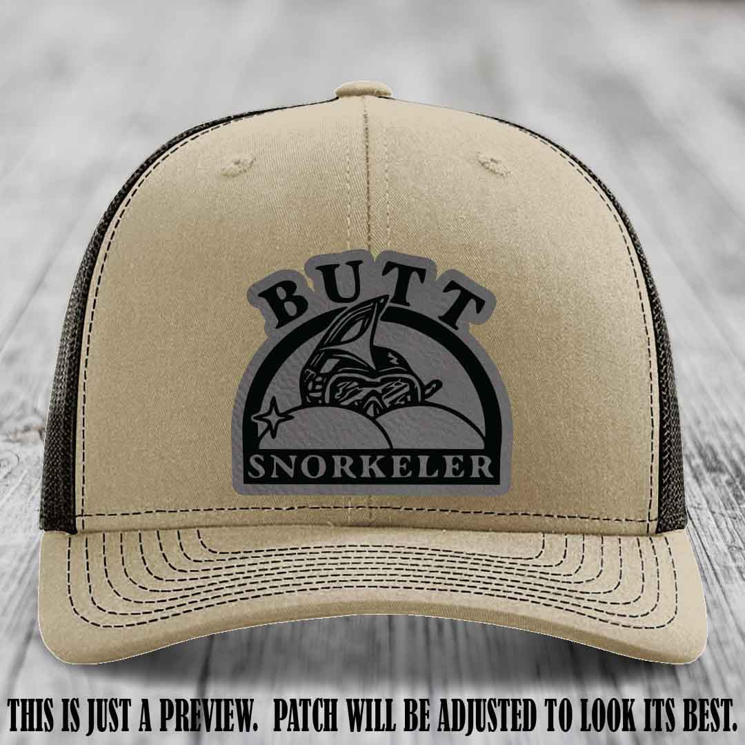 Grey to Black Patch on Khaki to Coffee Hat - Butt Snorkeler Richardson 112 Leather Patch Hat