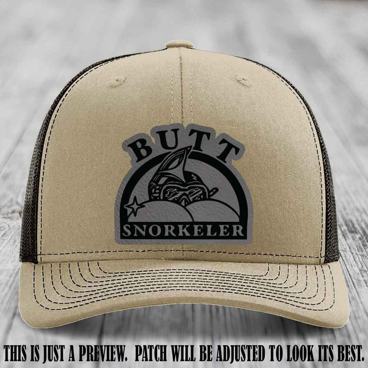 Grey to Black Patch on Khaki to Coffee Hat - Butt Snorkeler Richardson 112 Leather Patch Hat