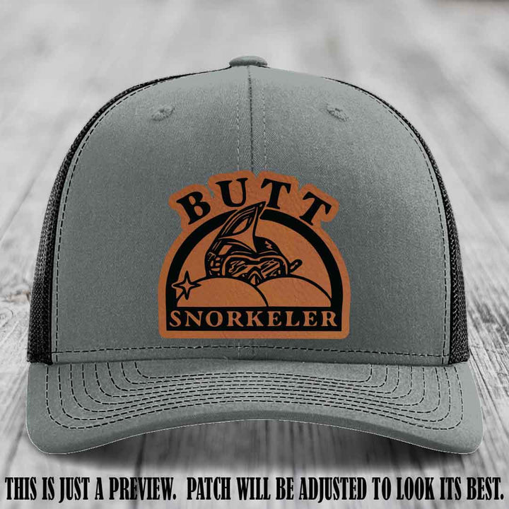 Rawhide to Black Patch on Heather Grey to Black Hat - Butt Snorkeler Richardson 112 Leather Patch Hat