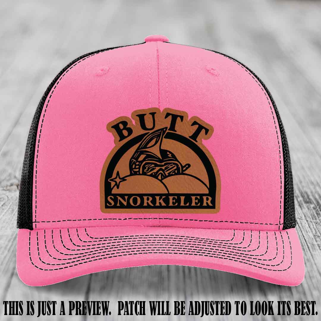 Rawhide to Black Patch on Hot Pink to Black Hat - Butt Snorkeler Richardson 112 Leather Patch Hat