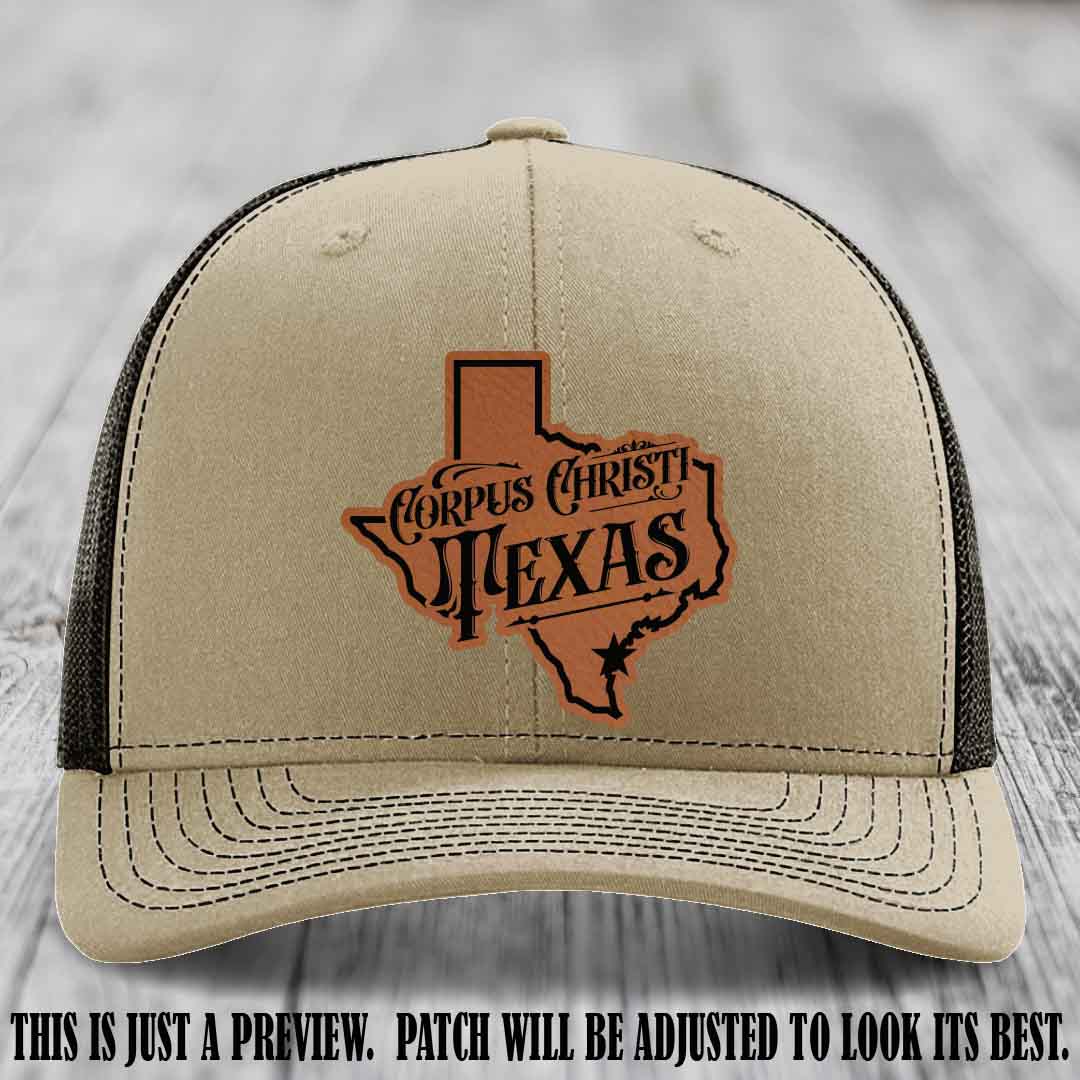 Corpus Christi Texas Rawhide to Black Patch Leather Patch on Khaki to Coffee Hat Richardson 112 Hat