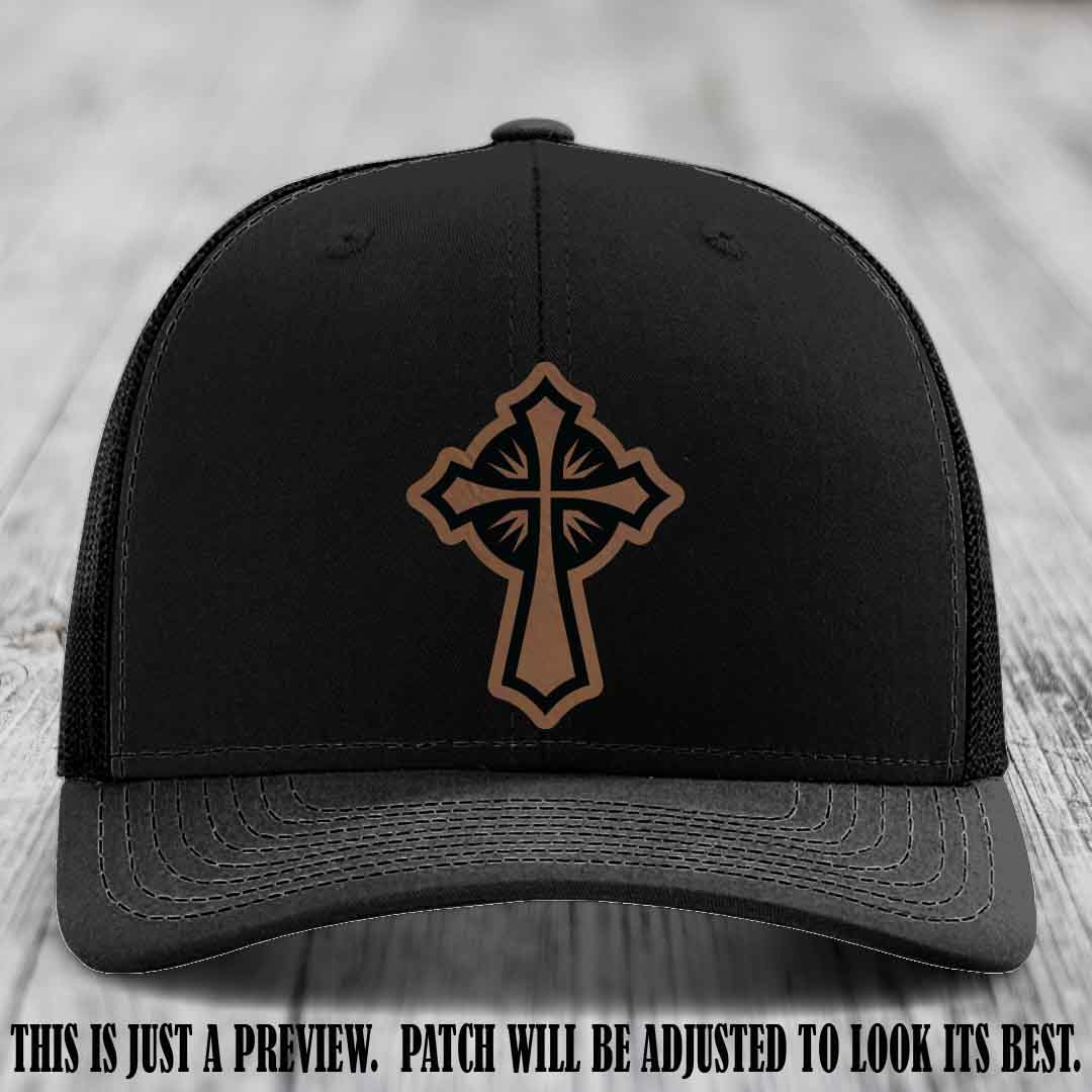 Crossfire Faith design on Dark Brown to Black Patch leather patch with Black Hat Richardson 112 hat.