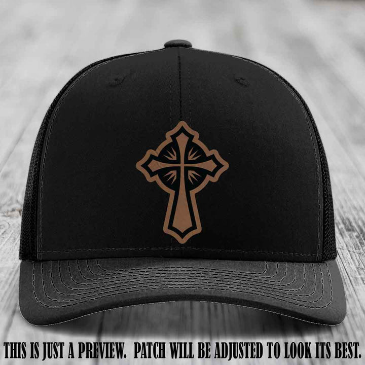 Crossfire Faith design on Dark Brown to Black Patch leather patch with Black Hat Richardson 112 hat.