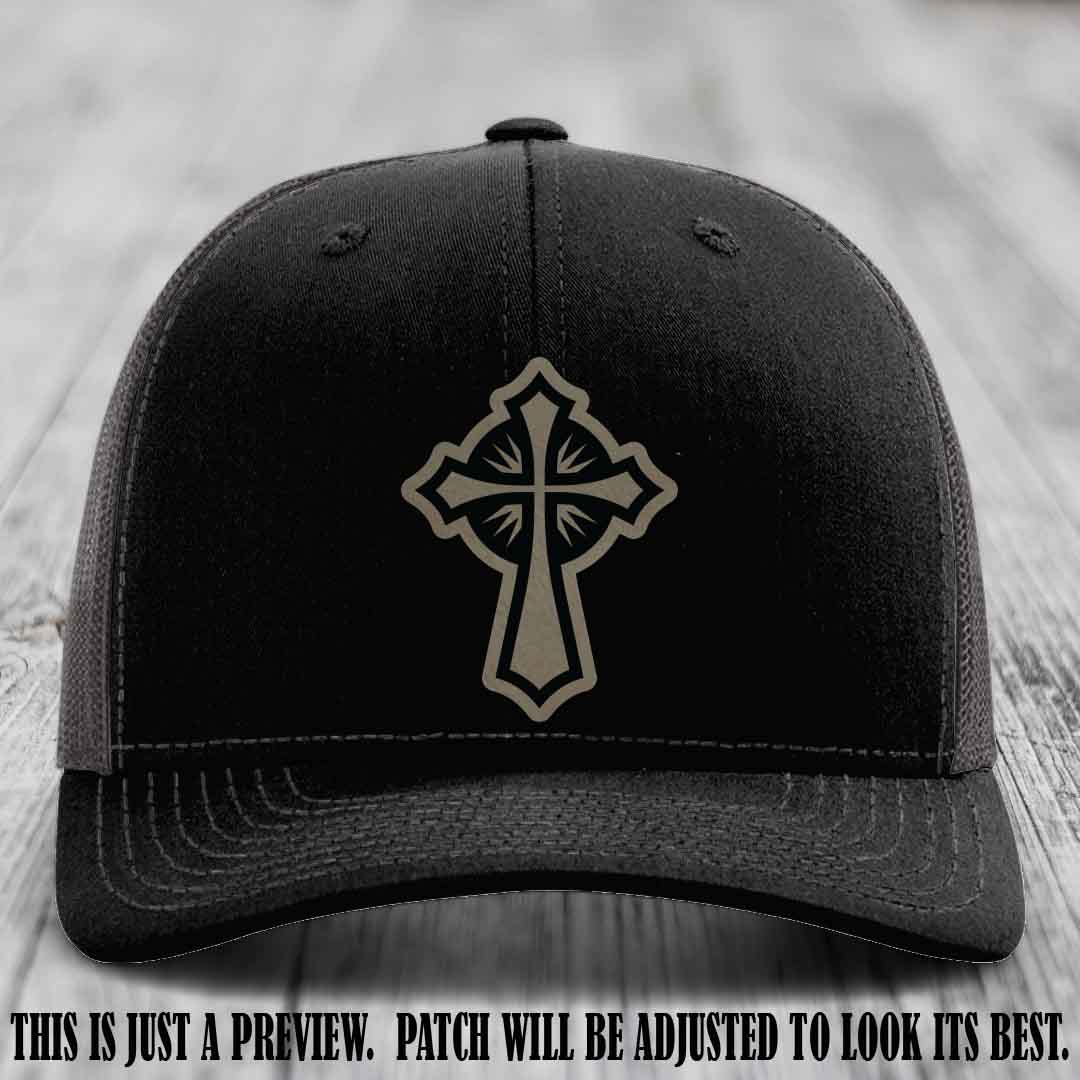Crossfire Faith design on Light Brown to Black Patch leather patch with Black to Charcoal Hat Richardson 112 hat.